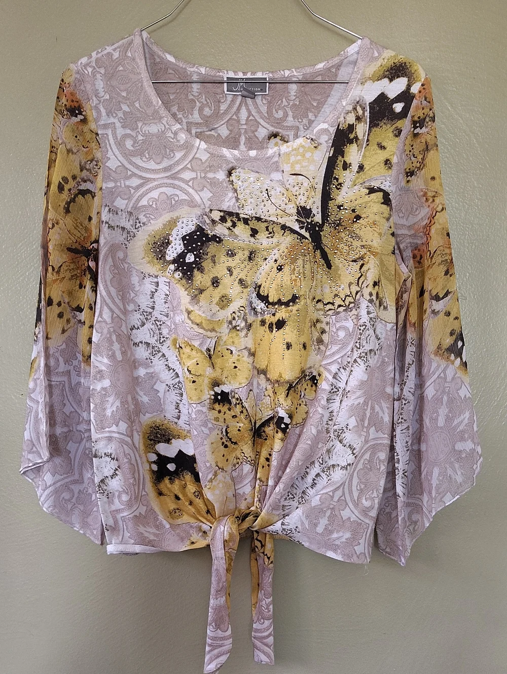 Y2K Yellow Beige Butterfly Fairycore Sleeves Tie Front Blouse Small Rhinestones